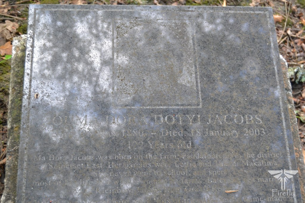 The grave of Ouma Dora Dotyi Jacobs. The oldest person in Somerset East, South Africa and the world at the time.